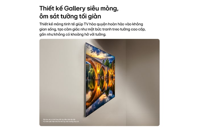 LG OLED evo AI G6, shown from the side, highlights its Flush Fit Gallery Design with a zero-gap wall-mounted installation, displaying a night scene of a lit bridge with reflections on water.